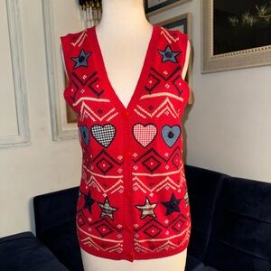 Vintage Red Embroidered Sweater Vest with Heart and Star Patchwork